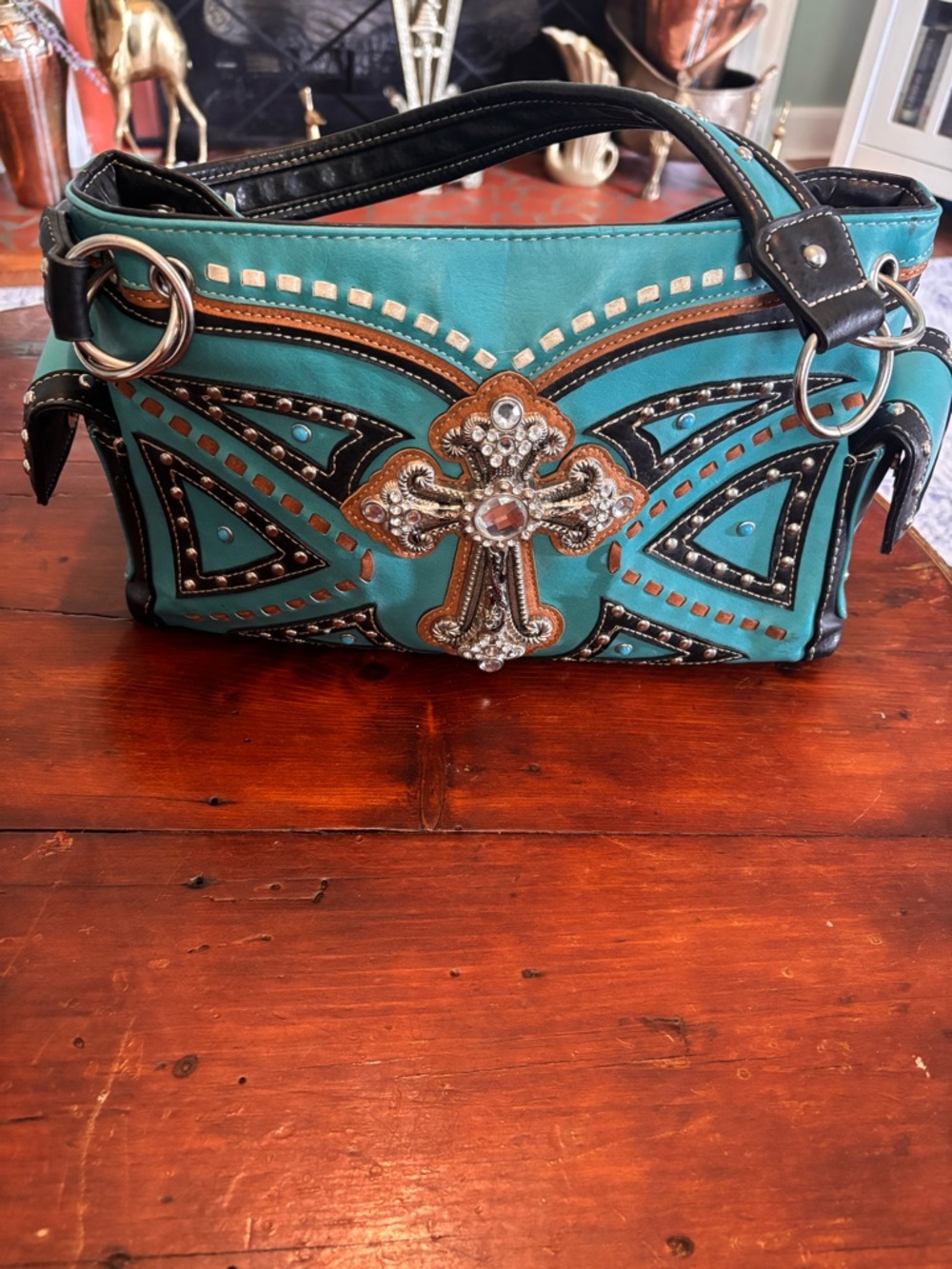 Turquoise Embellished Cross Accent Shoulder Bag - Women